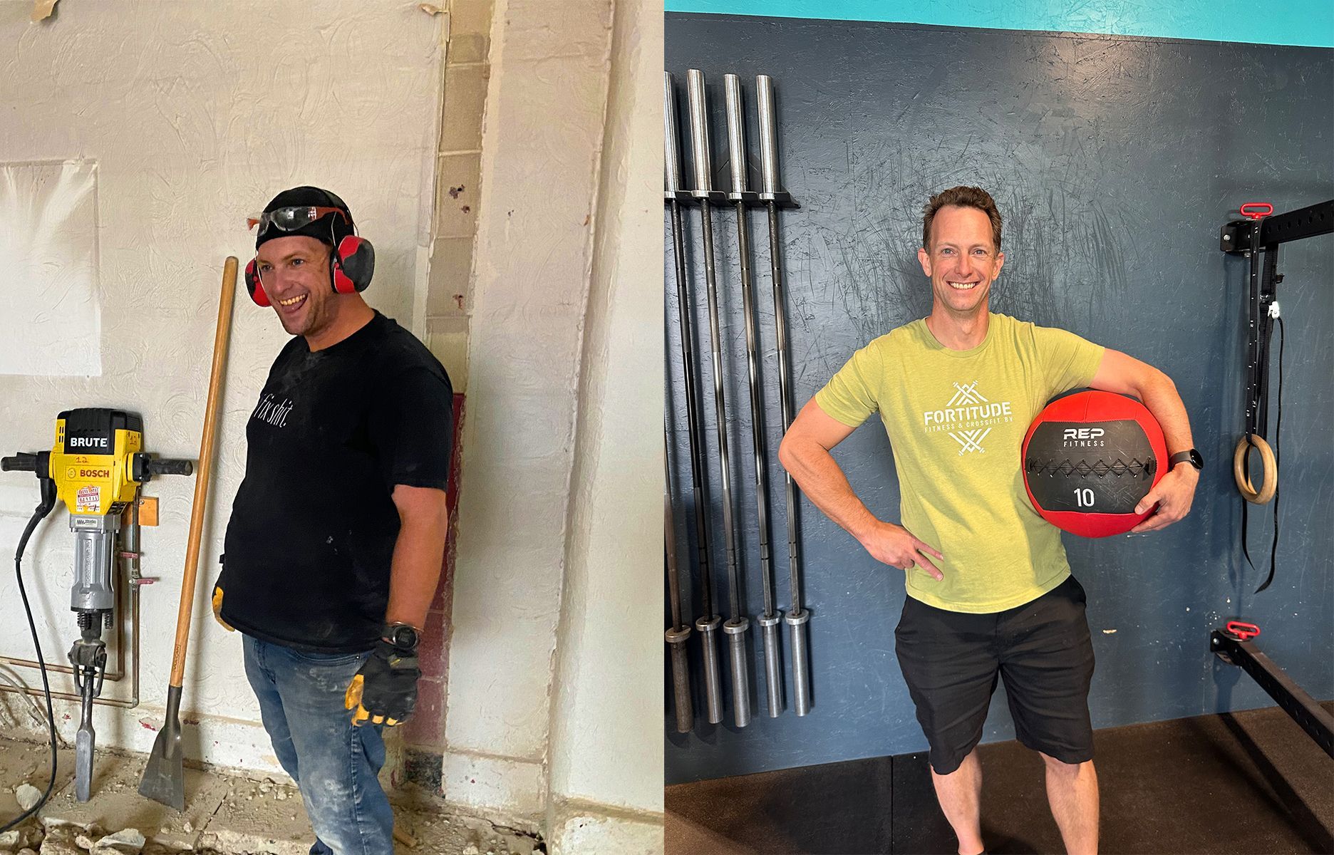 Two men posing with tools in a workshop-style space, one holding a helmet and the other standing by a tool wall.