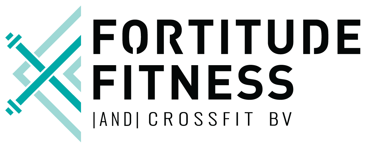 Fortitude Fitness and CrossFit BV logo in black and teal with abstract X emblem