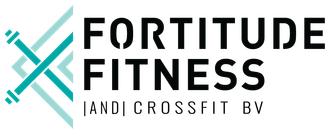 Fortitude Fitness and CrossFit BV logo in black and teal with abstract X emblem