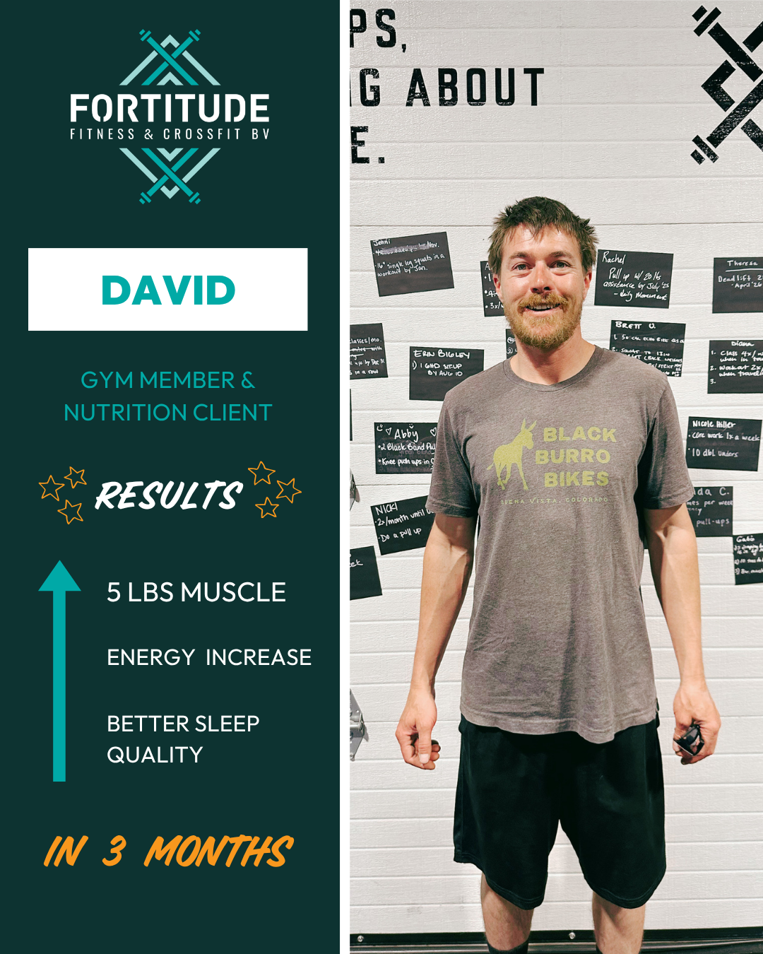 Fortitude fitness client result poster featuring David and a before-after progress photo in a gym setting