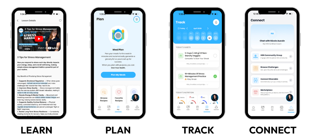Four smartphone app screens labeled Learn, Plan, Track, and Connect on a white background