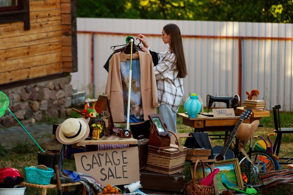 Woman arranging clothes at a garage sale; various items for sale on tables and a sign.