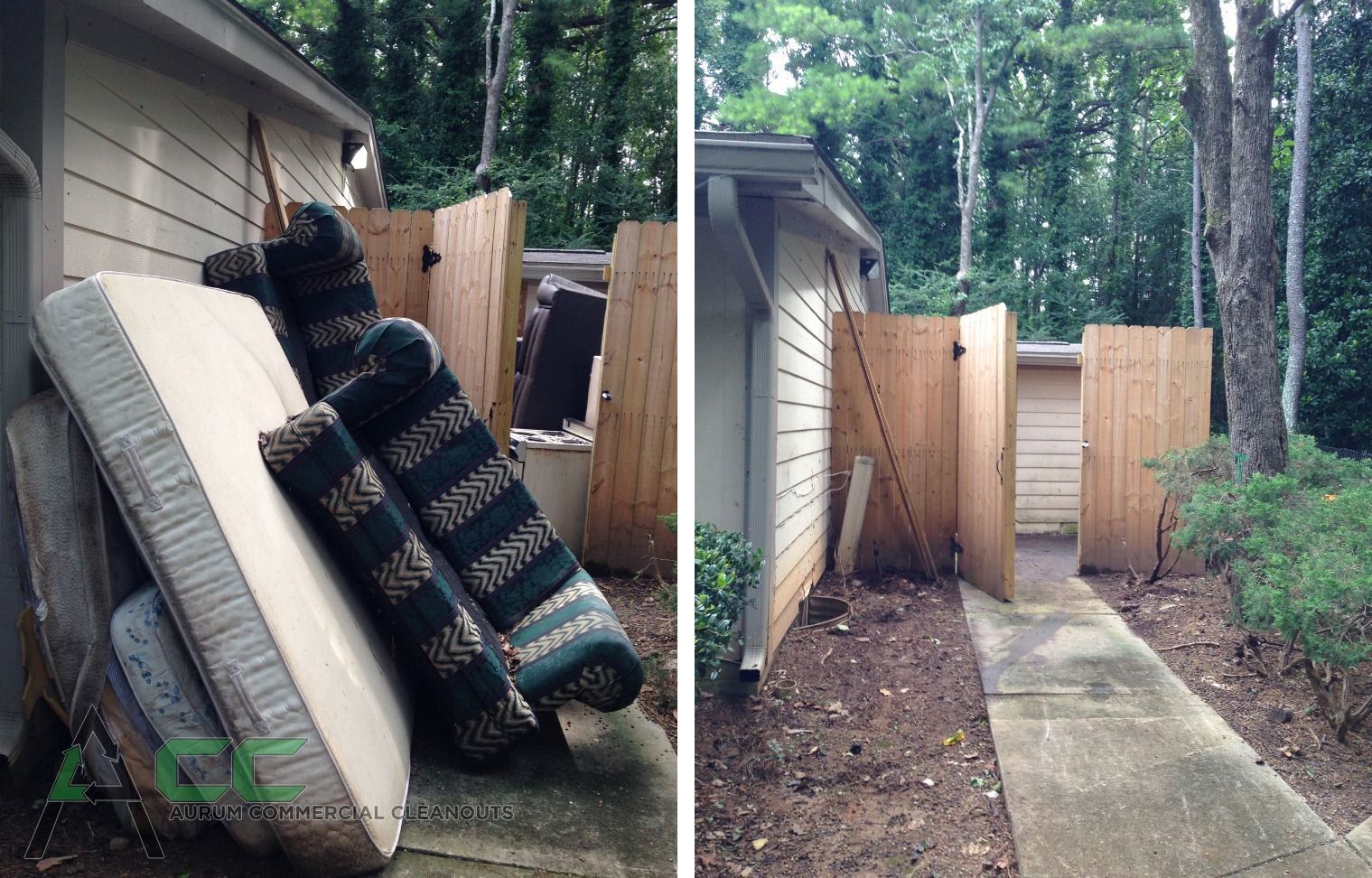 Pile of discarded furniture and mattress next to a fence and building, pathway on right.