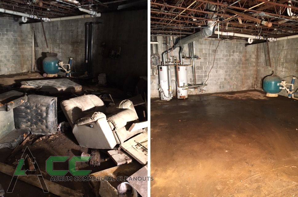Basement before/after: debris-filled space cleaned up, revealing concrete walls, water tanks, and pipes.