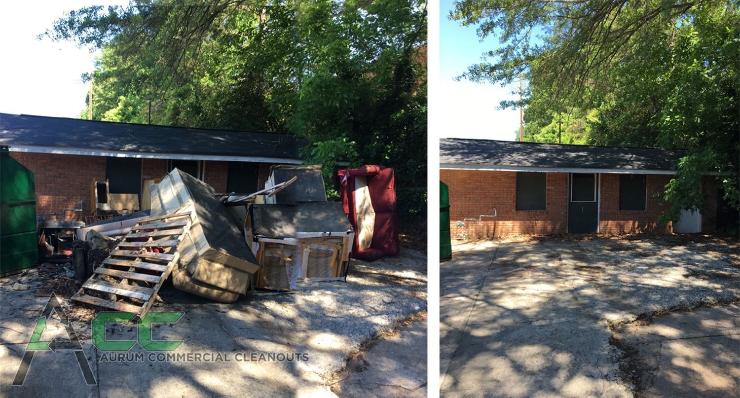 Before and after photos of a brick house with debris cleared from the yard.