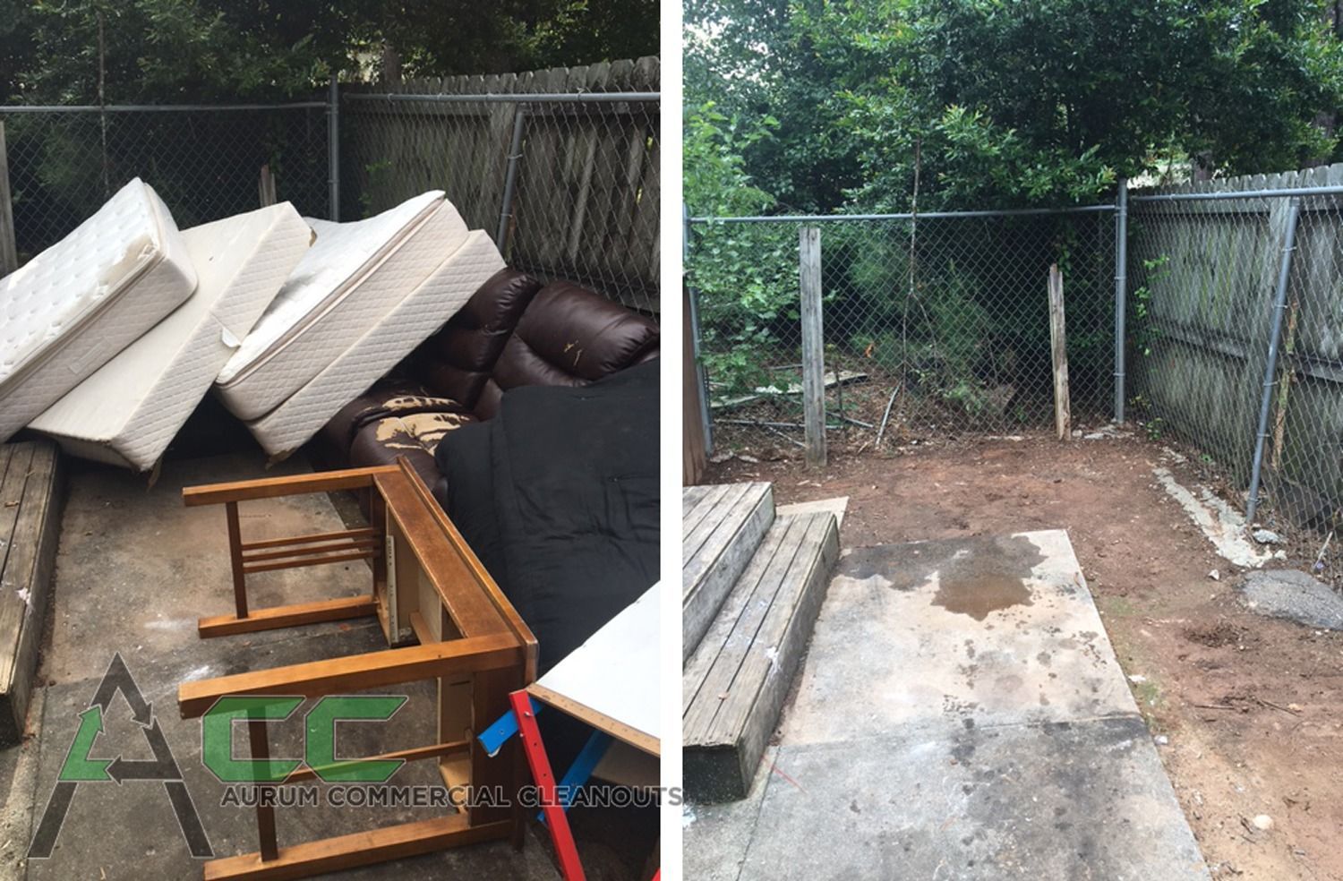 Before and after view of a yard. Left shows debris, right shows cleared space with steps and fence.