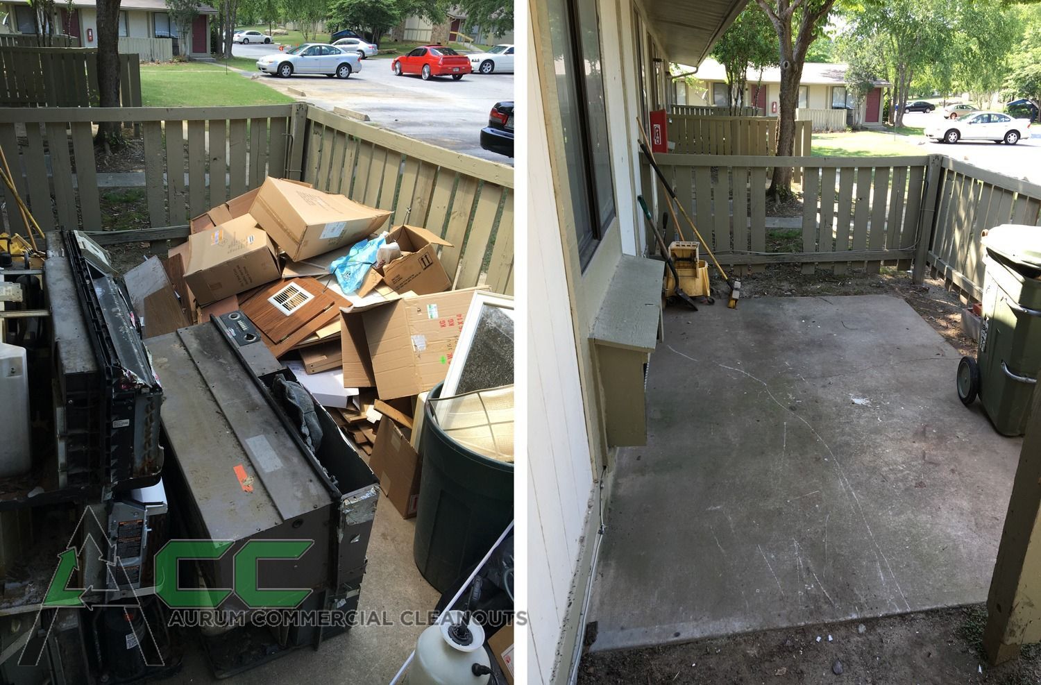 Before and after of a small patio. Left: filled with debris. Right: Clean concrete, railing, building.