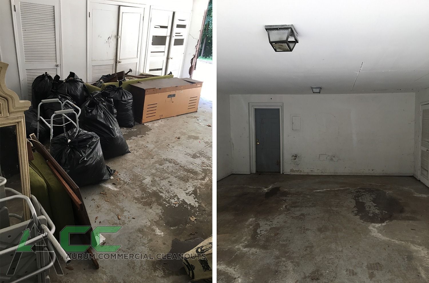 Two-panel photo: cluttered room with trash bags and items, then empty, dirty room after cleaning.