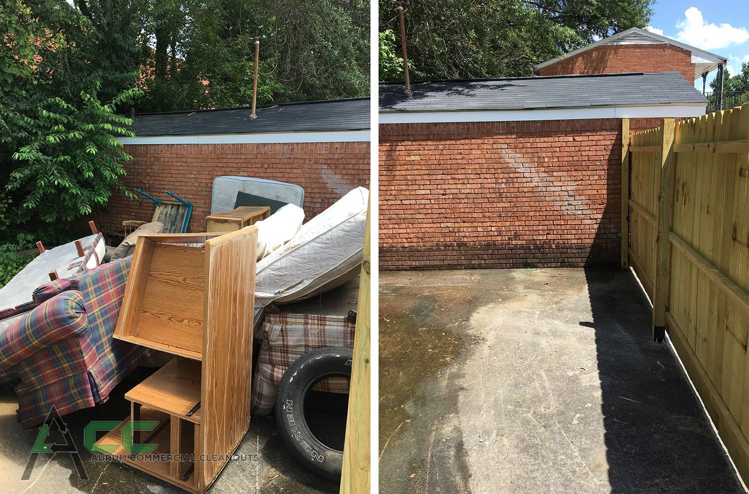 Before and after view: cluttered yard cleared, brick wall, new fence, with black roof.