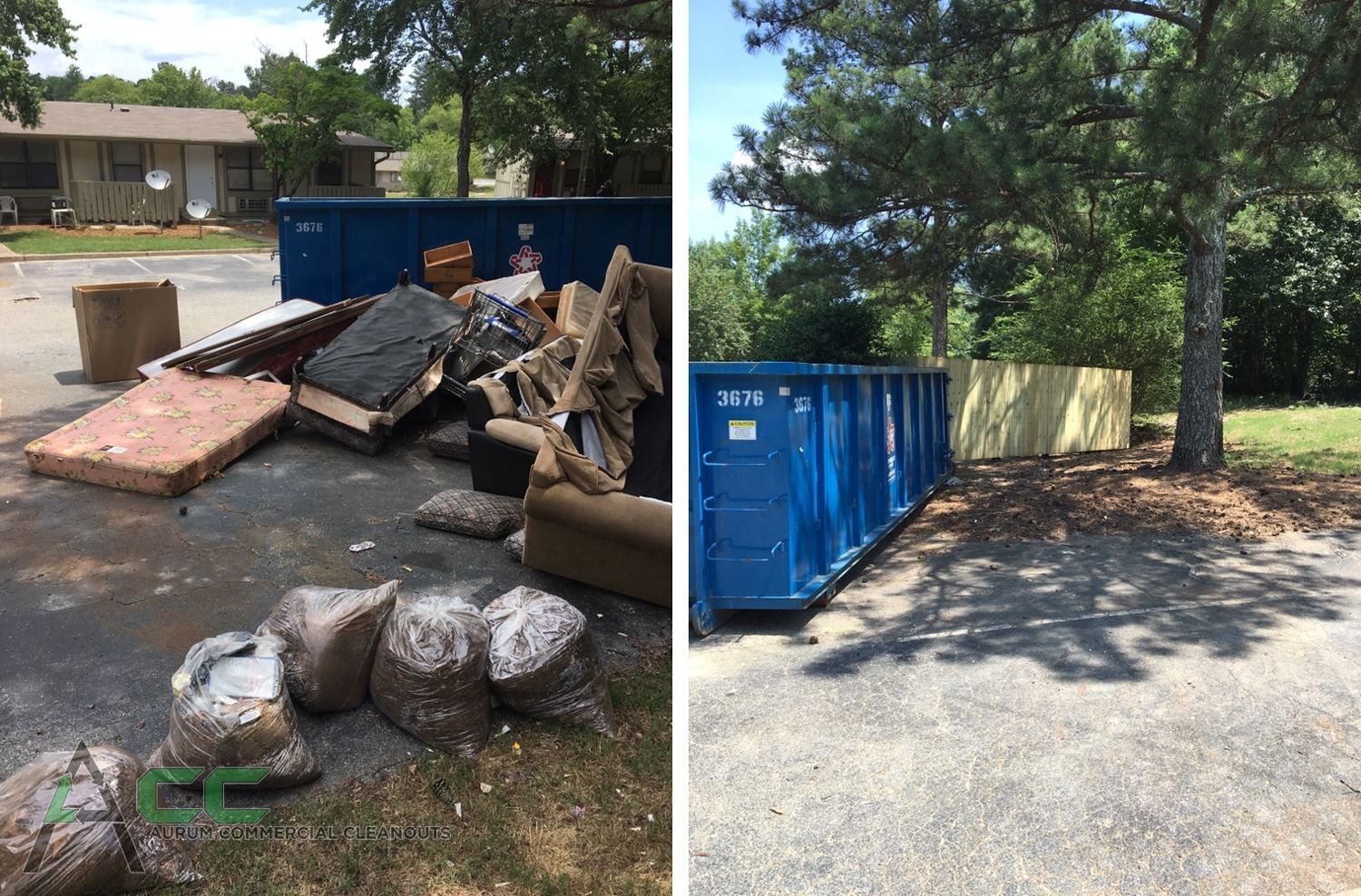 Before and after views of a blue dumpster; one overflowing with debris, the other empty.
