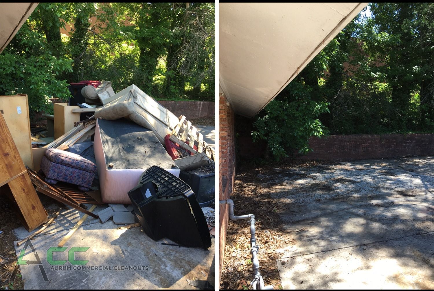 Before-and-after of a backyard: left, pile of debris; right, empty space next to a brick wall.