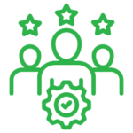 Green outline of three people with stars above and gear with a checkmark below.