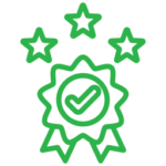 Green badge with checkmark and three stars.