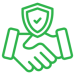 Green handshake with a shield and checkmark symbolizing trust and agreement.