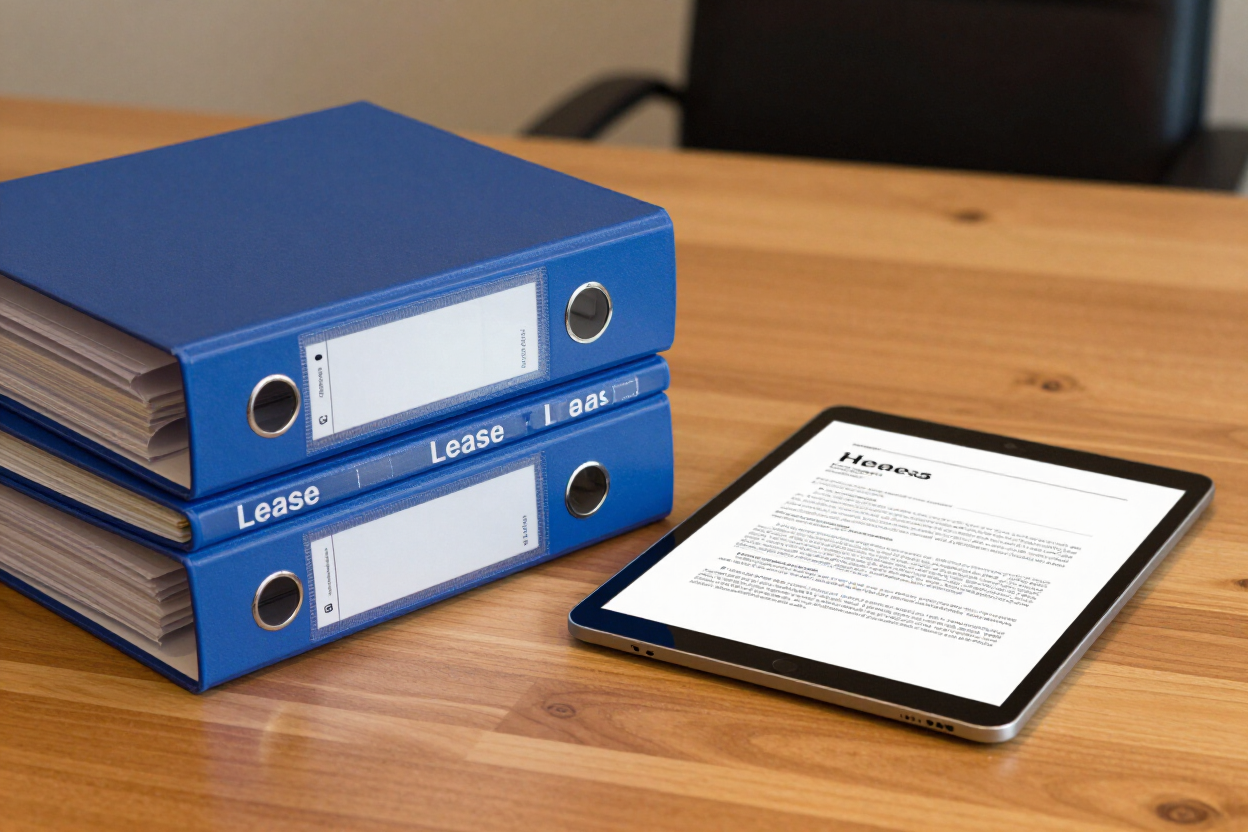Organized lease binders and digital lease document on tablet