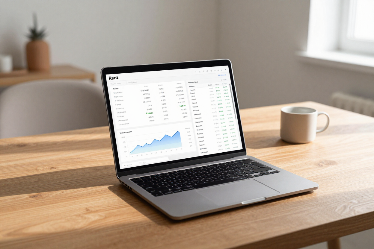 Laptop showing owner financial dashboard with rent income and property statement