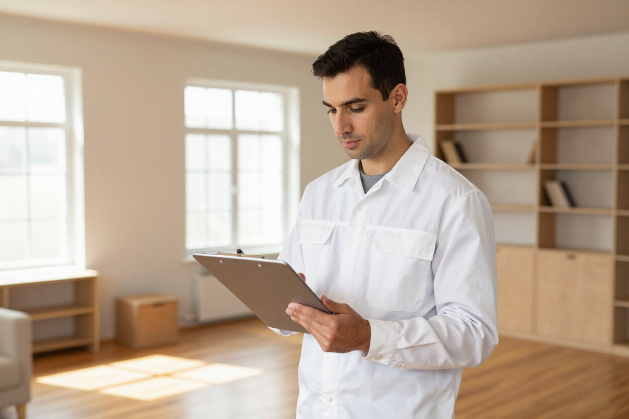 Professional maintenance technician reviewing work order in a bright rental home