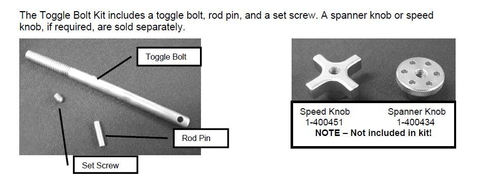 The toggle bolt kit includes a toggle bolt , rod pin , and a set screw.