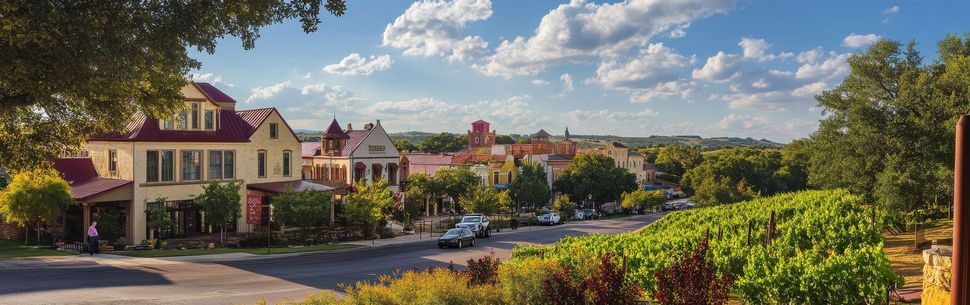 Sunlit neighborhood street with houses, trees, and rolling hills under a partly cloudy sky