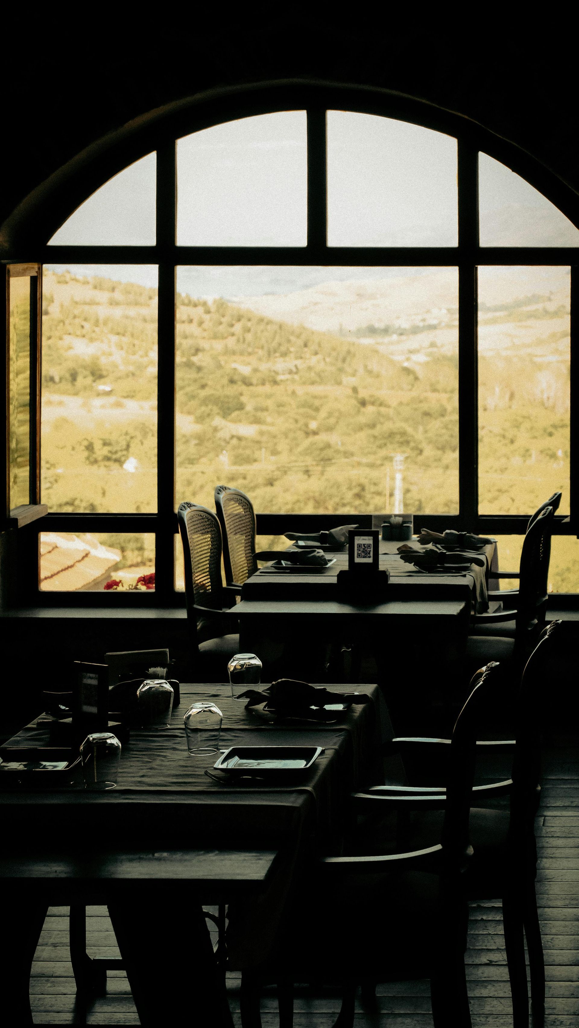 Dark café interior with silhouetted tables and chairs facing a large arched window overlooking a grassy landscape
