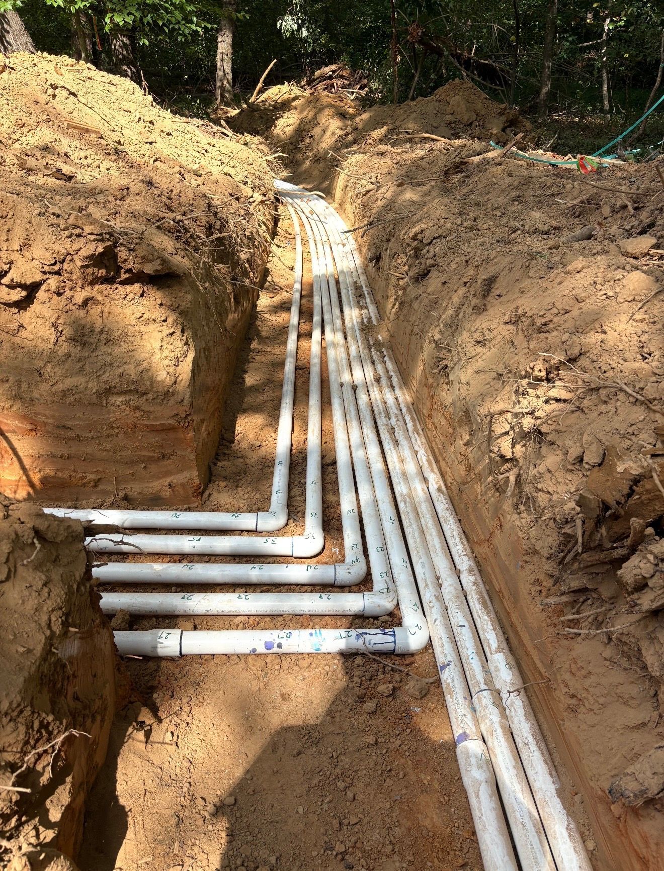 Multiple white PVC pipes arranged in a grid pattern lie along the bottom of an excavated dirt trench in a wooded area.
