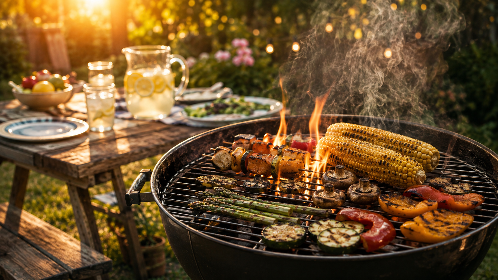 Backyard BBQ with grilled vegetables and corn, flames, and a picnic table in the background.