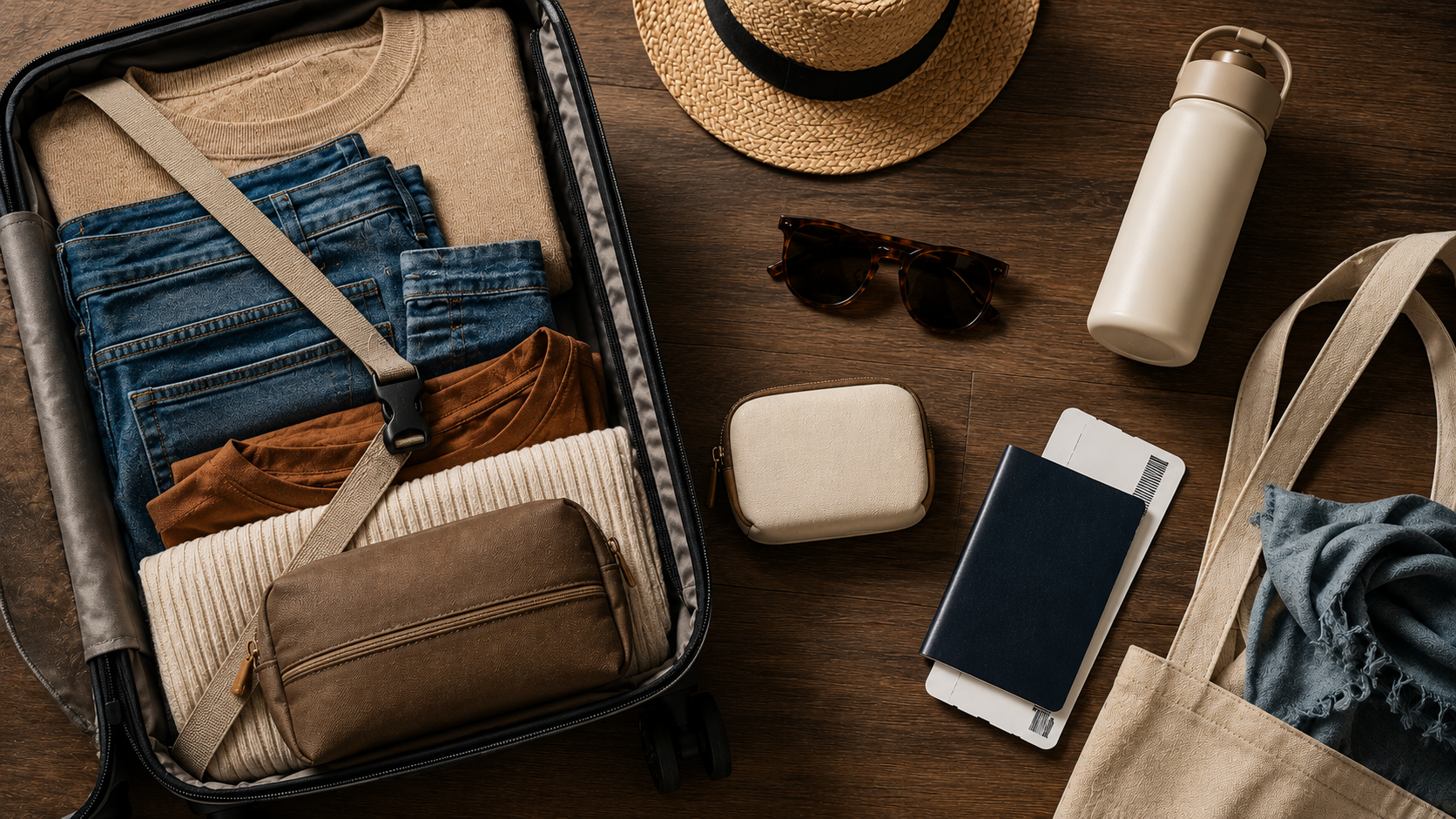 Packed suitcase with passport, boarding pass, sunglasses, and travel essentials.