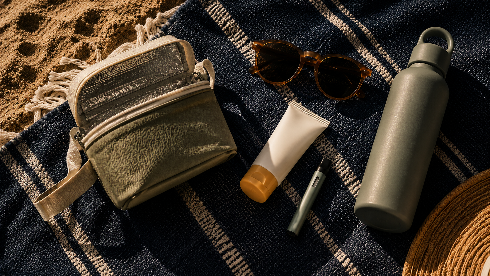 Beach towel with sunglasses, sunscreen, water bottle, pouch, and vape pen.