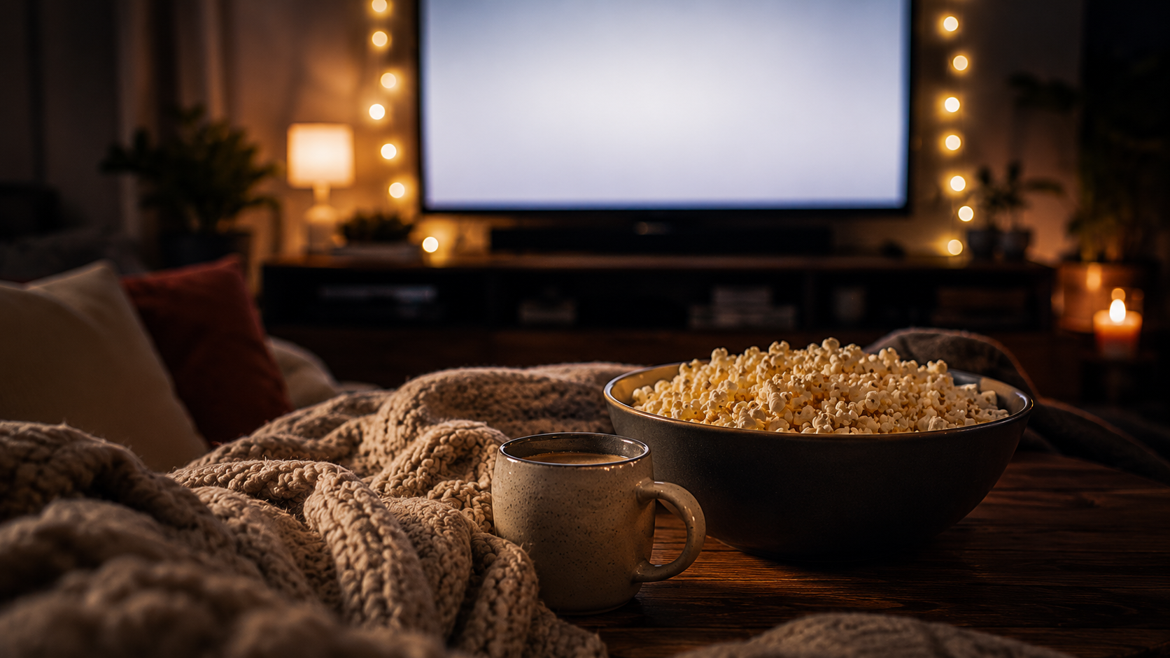 Cozy movie night setup with popcorn, a blanket, and a glowing TV.