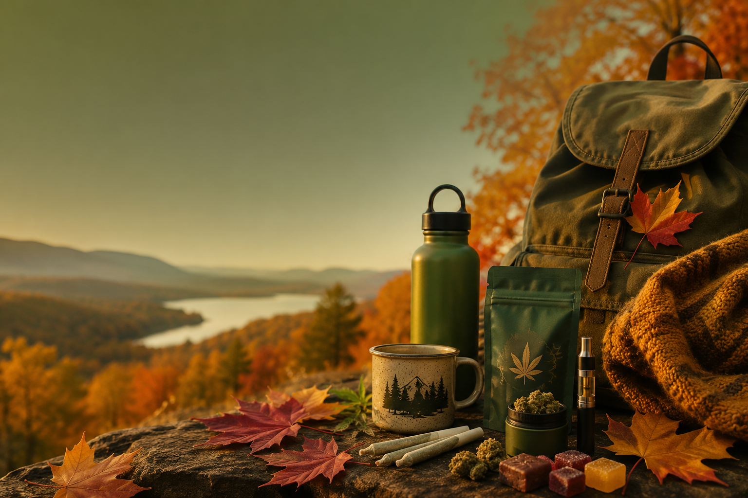 Autumn hiking essentials arranged on a scenic overlook with a backpack, water bottle, cozy blanket, 