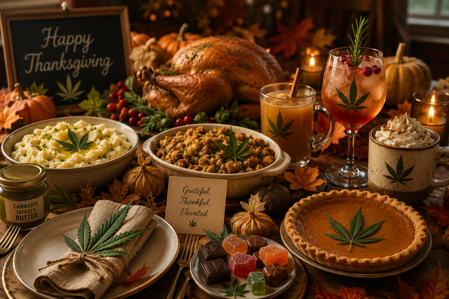 A cozy Thanksgiving table featuring a roasted turkey, mashed potatoes, stuffing, pumpkin pie, cannab