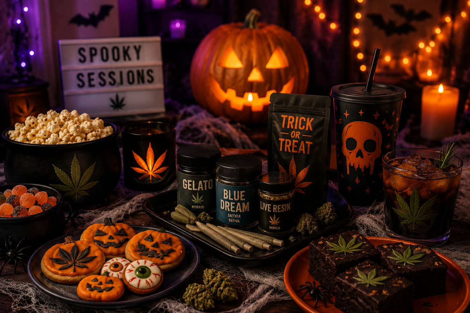 A Halloween-themed cannabis party setup with carved pumpkins, purple and orange lights, cannabis flo