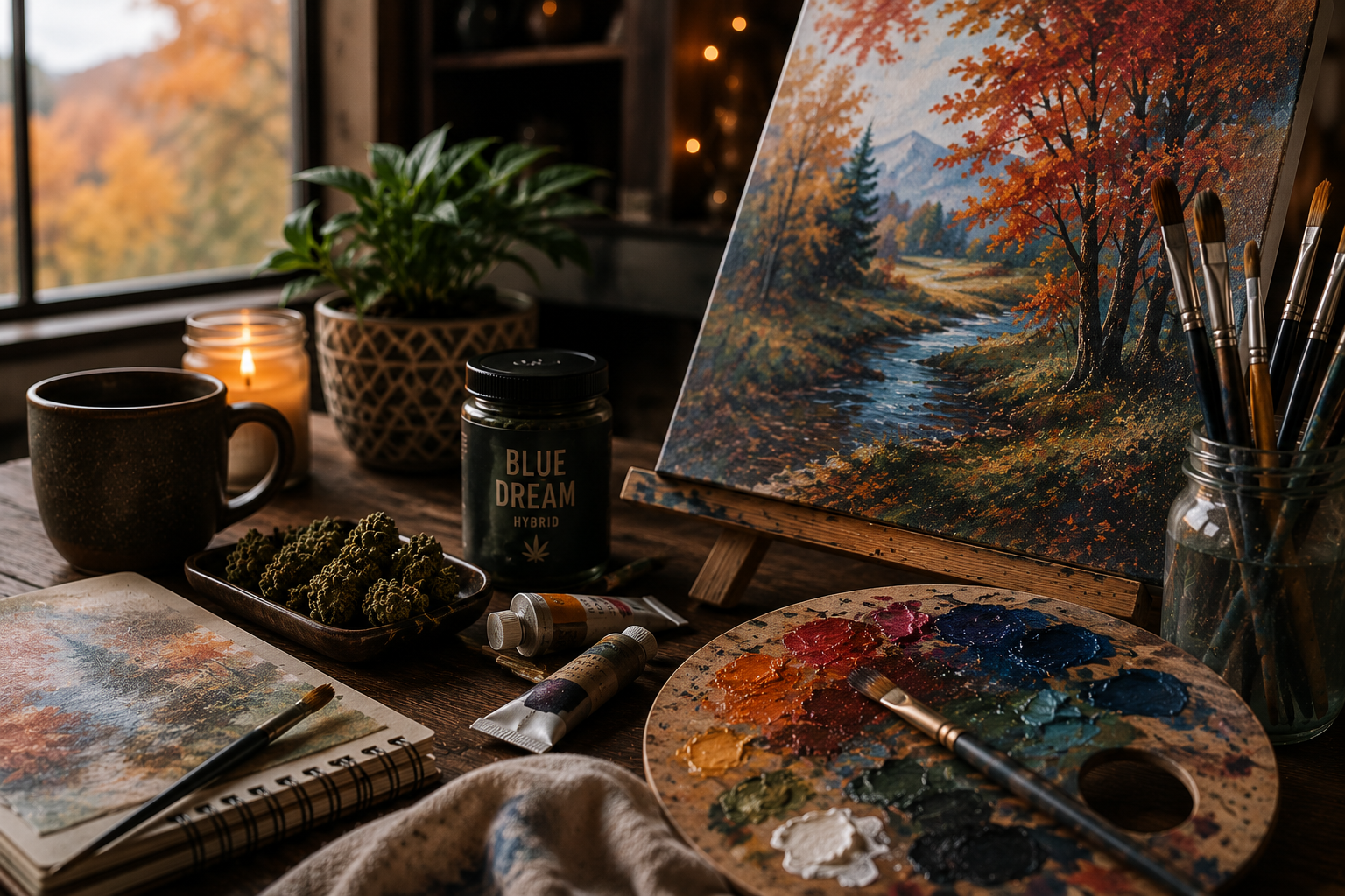 A cozy artist’s workspace featuring an autumn landscape painting on an easel, paint palette, brushes