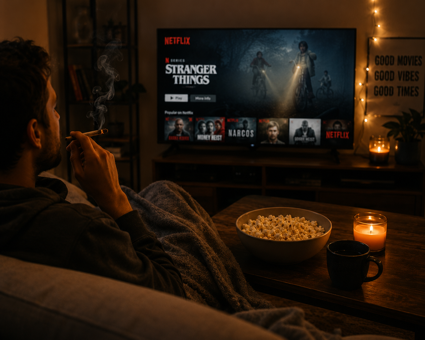 Man enjoying a cozy movie night while smoking a pre-roll, with popcorn and warm lighting.