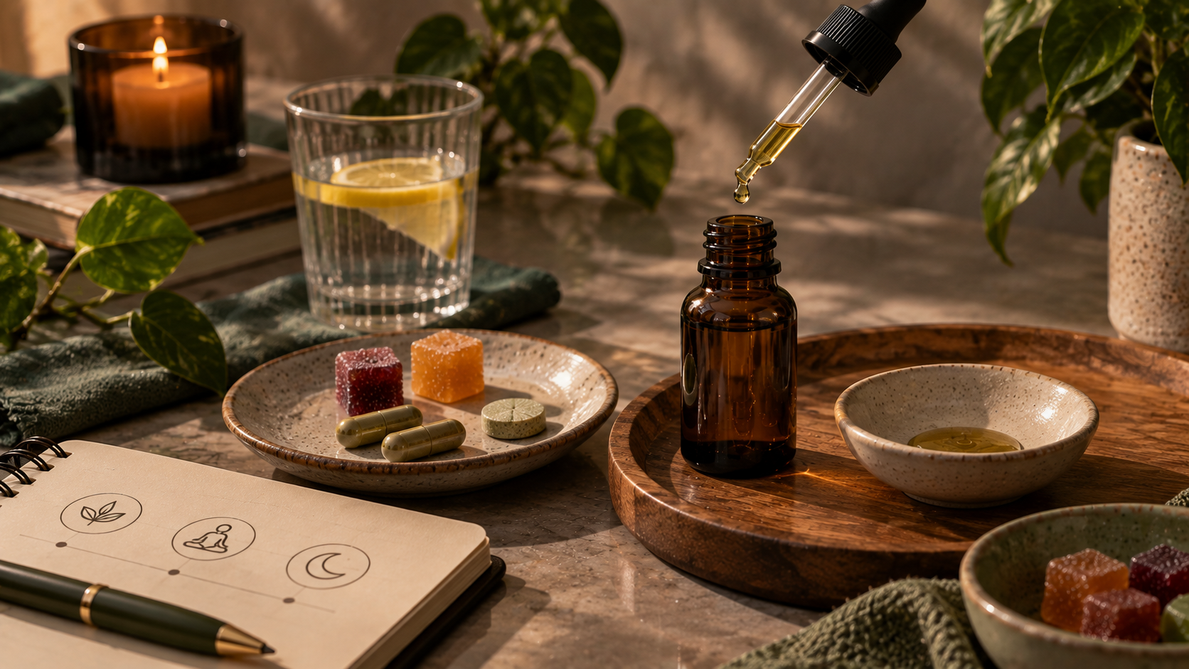 Measured cannabis tincture with capsules, edibles, and a wellness journal.