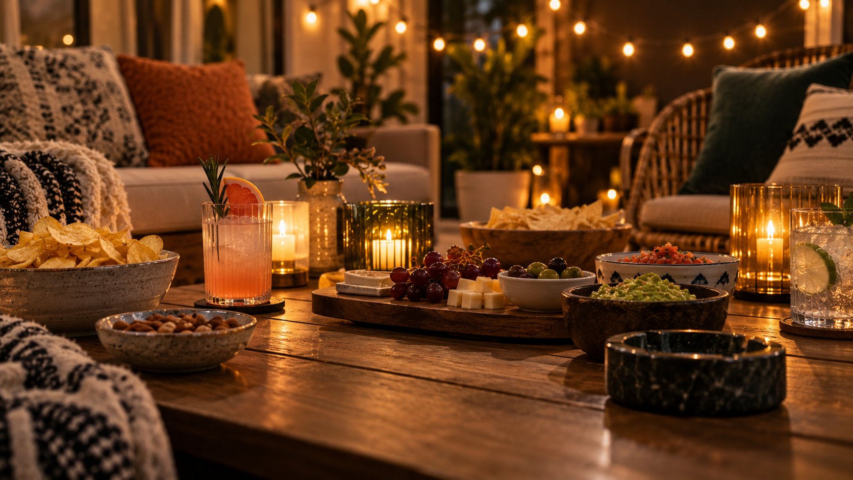 Cozy evening gathering with snacks, drinks, candles, and warm string lights.