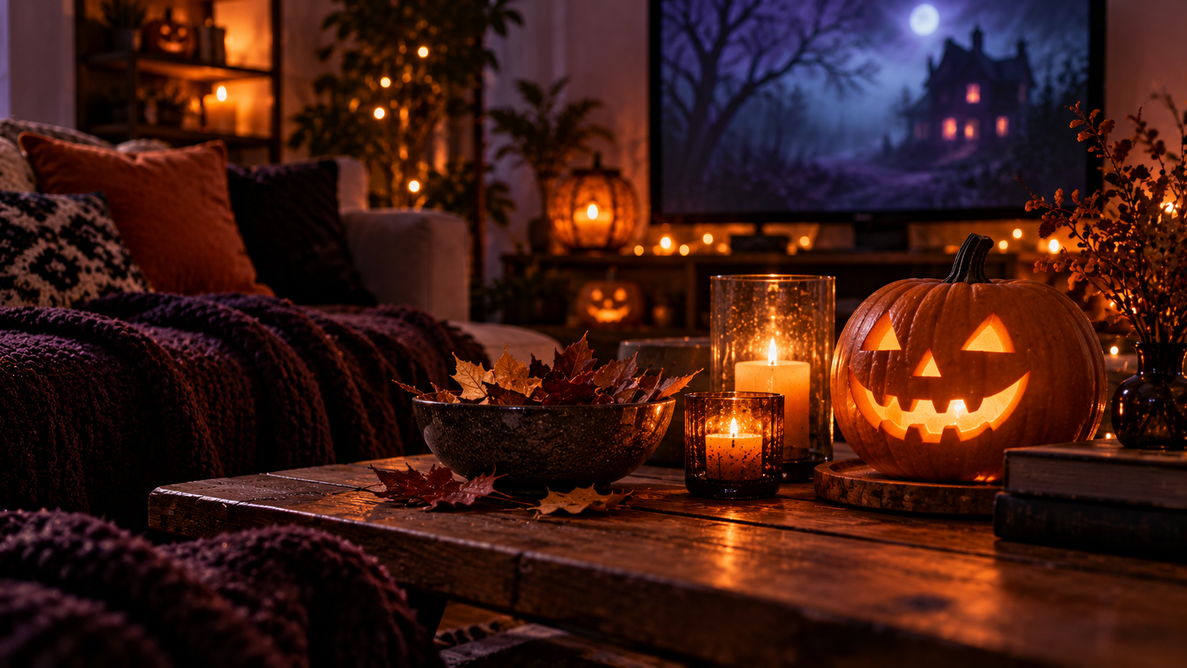 Cozy Halloween night with a glowing pumpkin, candles, autumn leaves, and a TV.