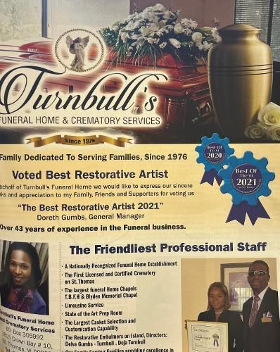 Turnbull’s Funeral Home & Crematory Services flyer with gold urn, flowers, and award badges
