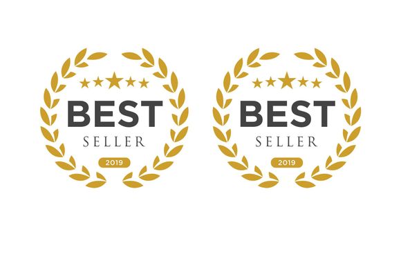 Two gold laurel wreath “Best Seller” badges on white background, each marked 2018