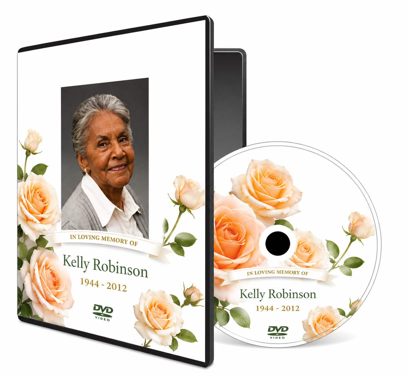 Memorial DVD case and disc with peach roses and the name Kelly Robinson