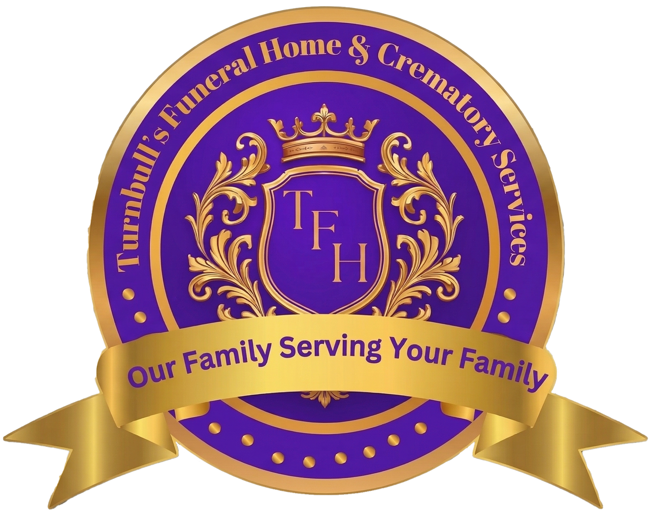 Logo for Tumpkin Funeral Home & Cremation Service, purple and gold crest with ribbon slogan
