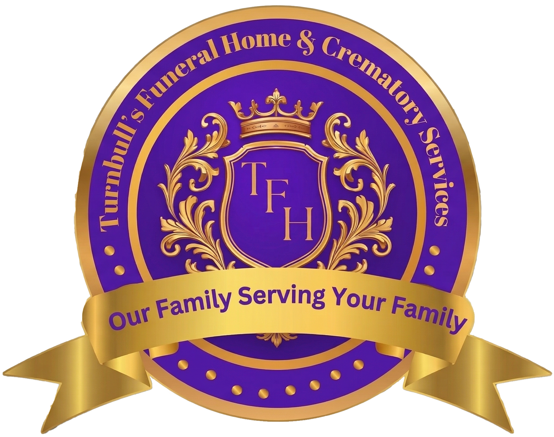 Logo for Tumpkin Funeral Home & Cremation Service, purple and gold crest with ribbon slogan