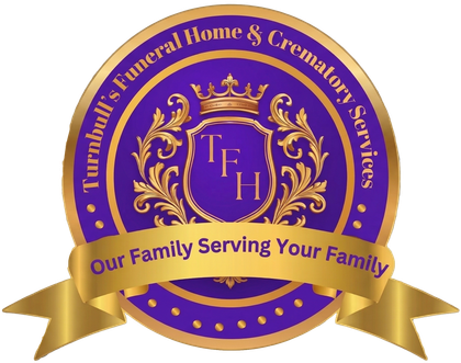 Logo for Tumpkin Funeral Home & Cremation Service, purple and gold crest with ribbon slogan