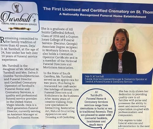 Promotional funeral home flyer with a woman’s portrait, service details, and cremation information in blue and white.