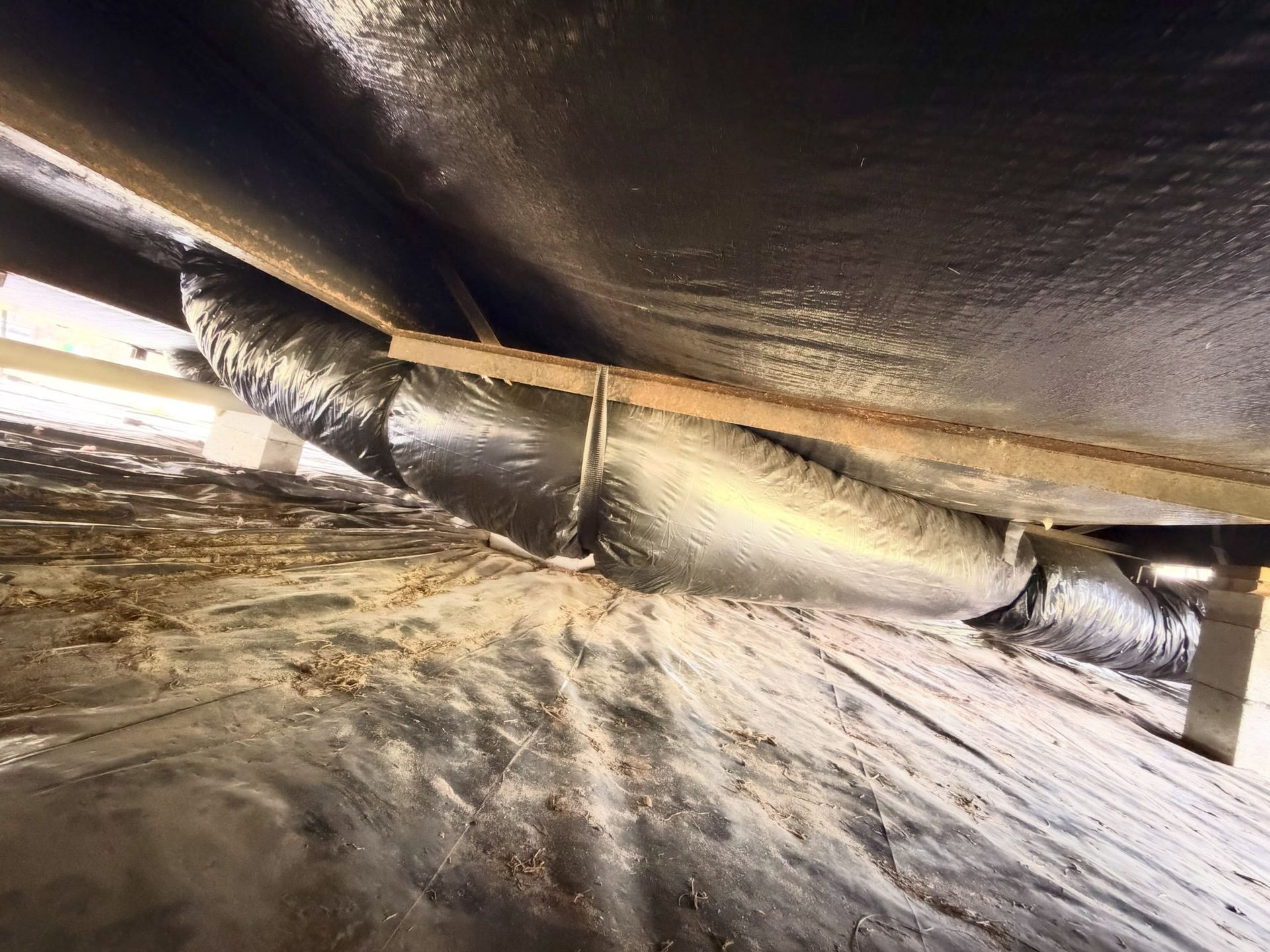 Insulated pipes running under a low attic roof with dark waterproof sheeting and wooden supports