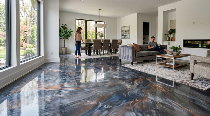 Modern living room with glossy marbled floor, two people, large windows, dining table, and sofa area