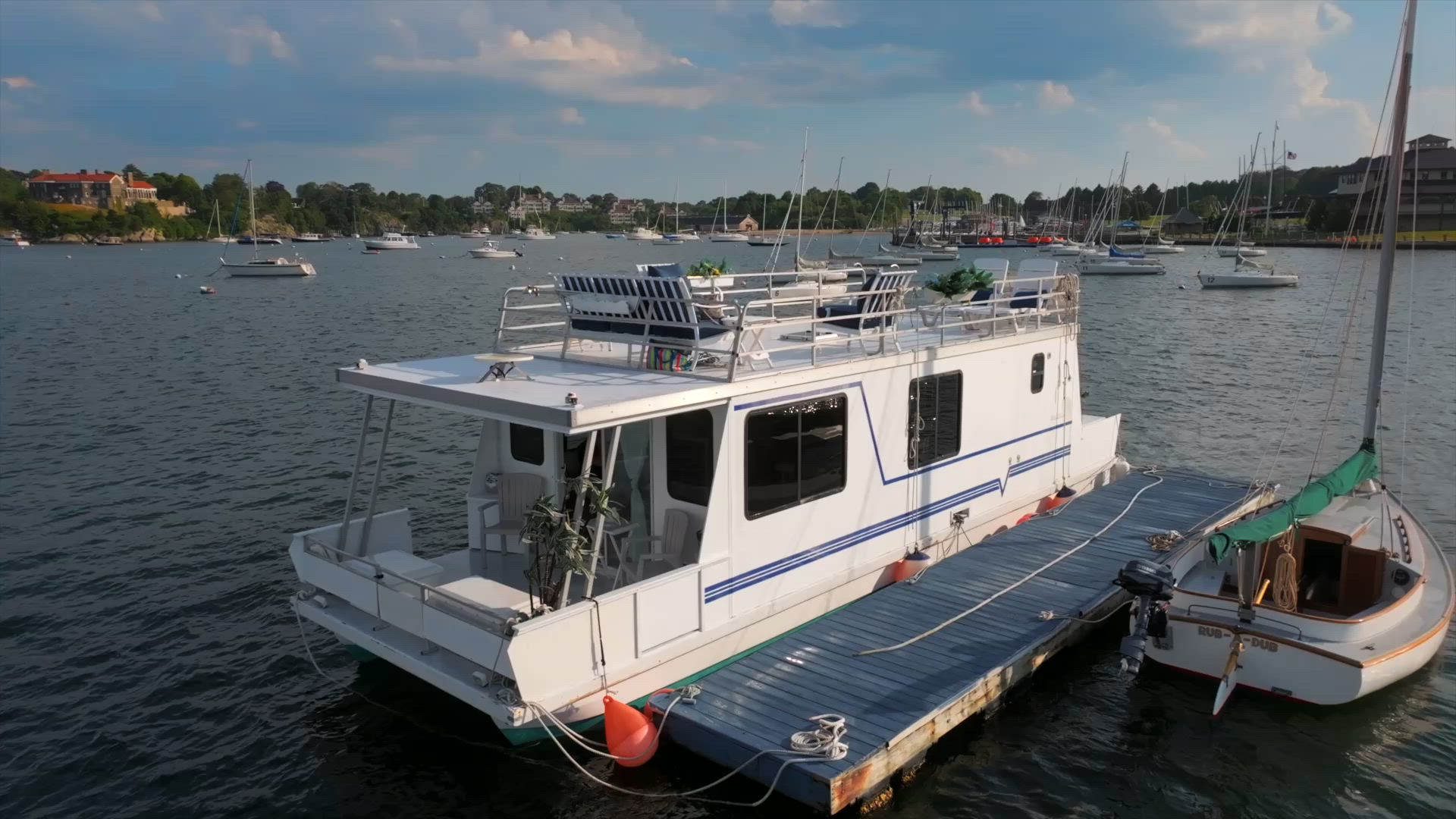 The houseboat moored in Newport Harbor