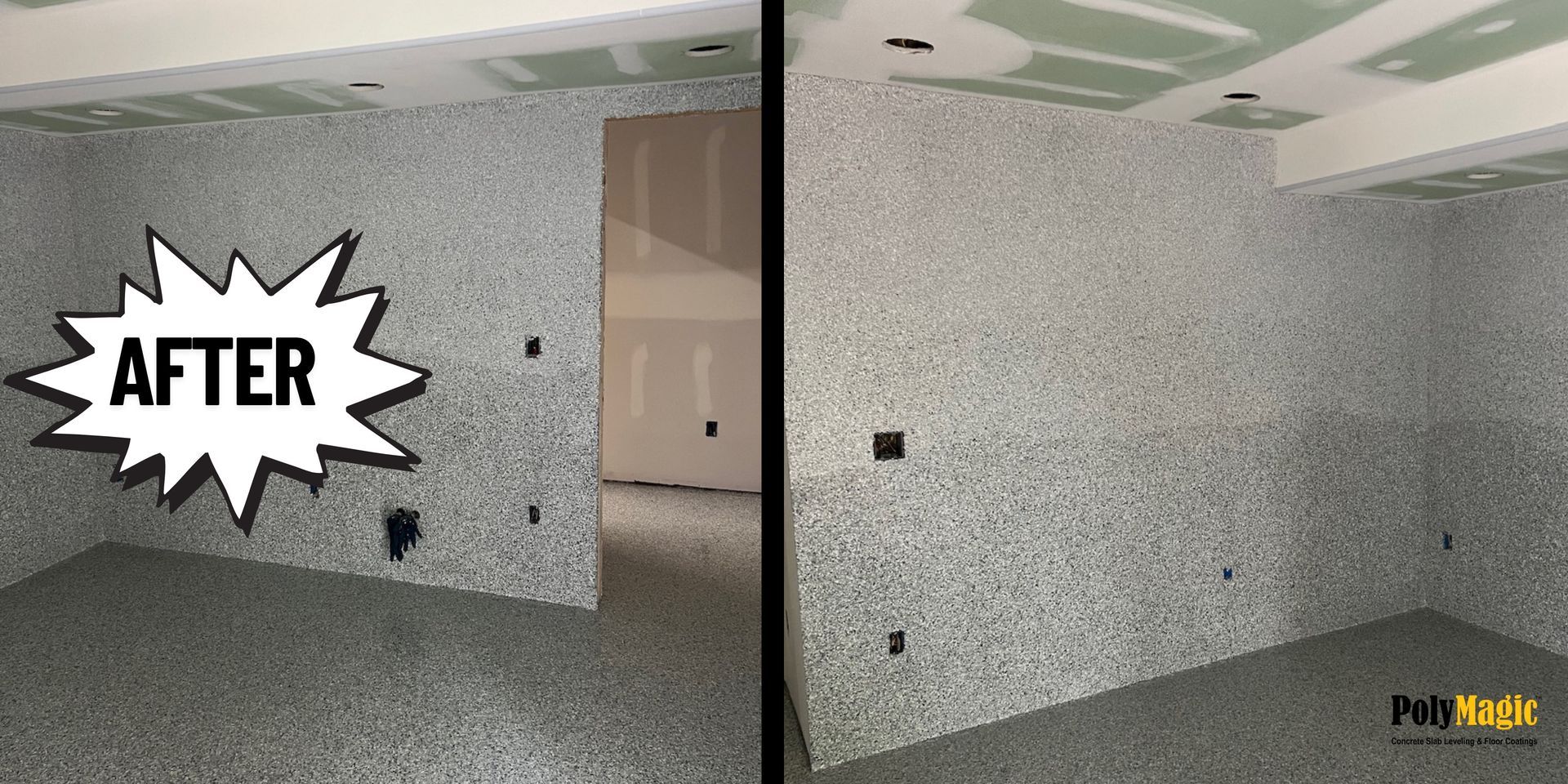 A before and after picture of a room with a speech bubble that says after