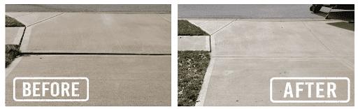 A before and after photo of a concrete driveway.