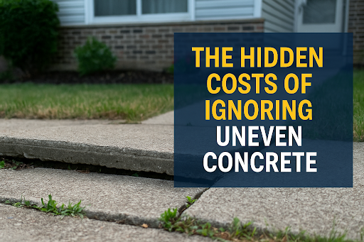 Uneven concrete sidewalk with a crack. Text overlay: 